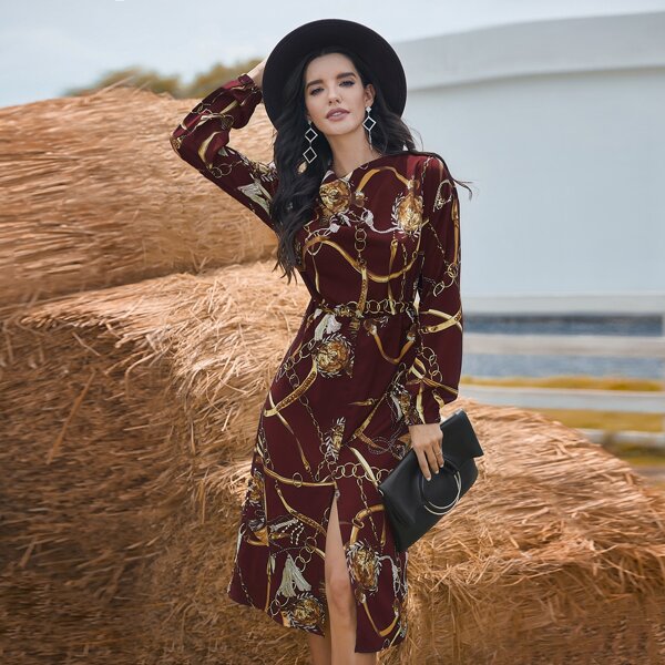 

Chain Print Split Thigh Dress, Burgundy