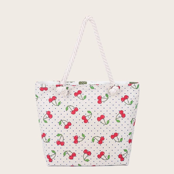 

Cherry Pattern Tote Bag, Beige