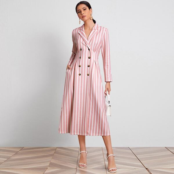 

Notched Collar Double Breasted Striped Blazer Dress, Pastel dusty pink