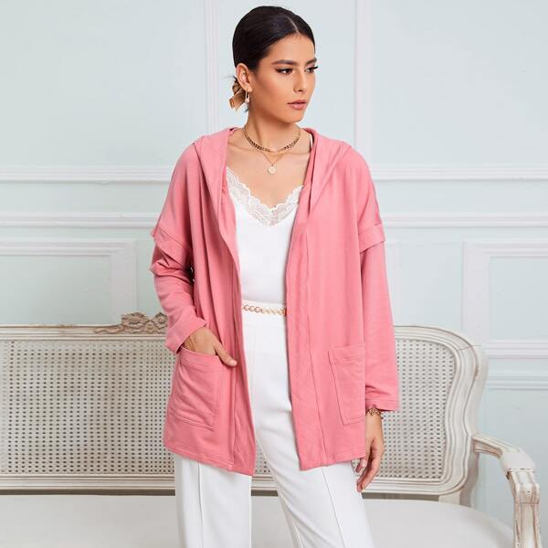 

Drop Shoulder Open Front Hooded Coat, Pink