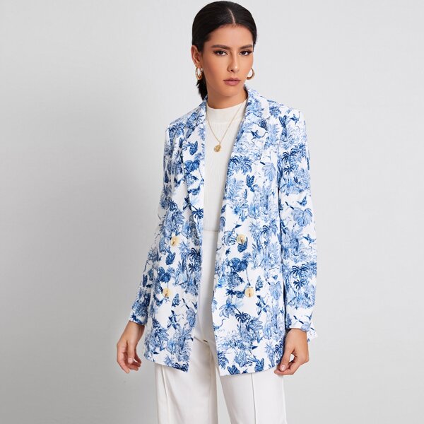 

Notched Collar Double Breasted Landscape Print Blazer, Blue