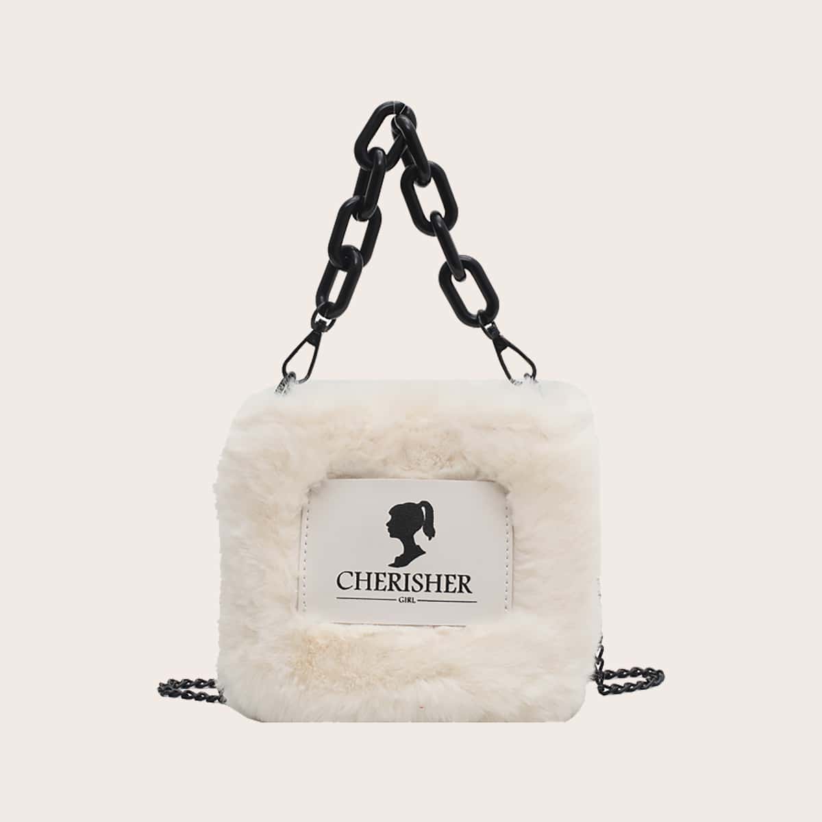 

Contrast PU Fluffy Chain Satchel Bag, White