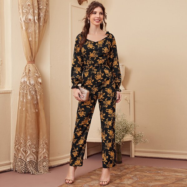 

Floral Print Self Tie Belted Shirred Jumpsuit, Multicolor