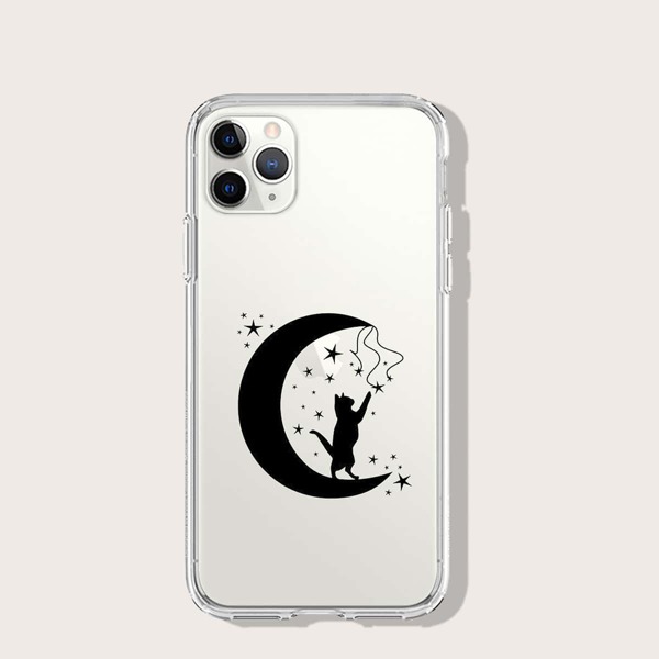 

Moon & Cat Print iPhone Case, Black