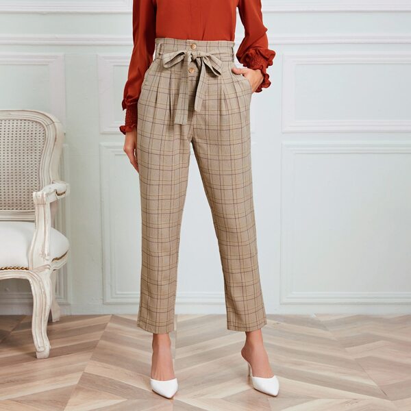 

Plaid Belted Paper Bag Waist Pants, Khaki
