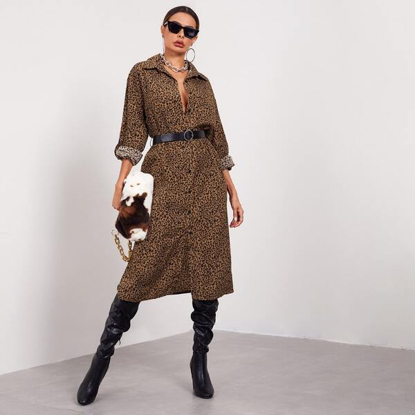 

Leopard Rolled Sleeve Belted Split Thigh Shirt Dress, Coffee brown