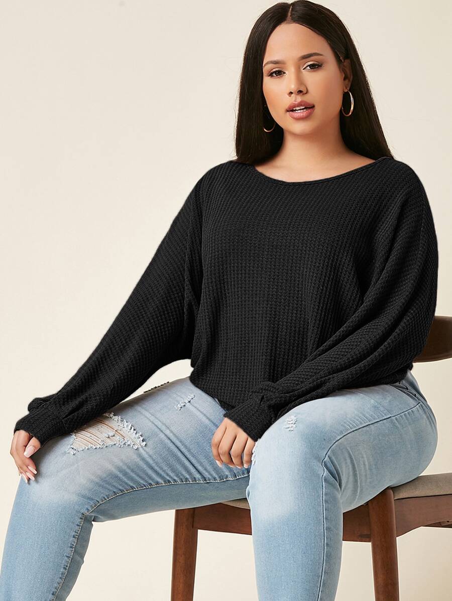 SHEIN EZwear 大碼蝙蝠袖華夫格針織T恤 - 黑色 - 查看 1