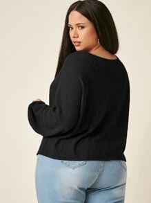 SHEIN EZwear 大碼蝙蝠袖華夫格針織T恤 - 黑色 - 查看 2