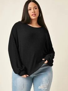 SHEIN EZwear 大碼蝙蝠袖華夫格針織T恤 - 黑色 - 查看 3