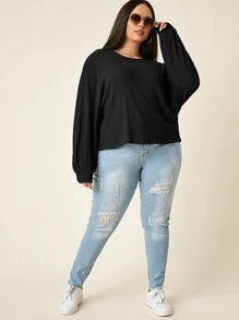 SHEIN EZwear 大碼蝙蝠袖華夫格針織T恤 - 黑色 - 查看 5