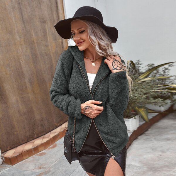 

Zip Up Flannel Hooded Coat, Dark grey