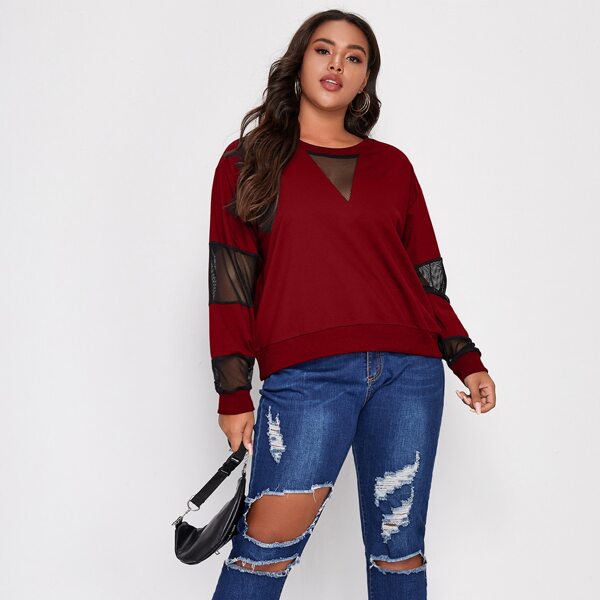 

Plus Contrast Fishnet Mesh Sweatshirt, Burgundy
