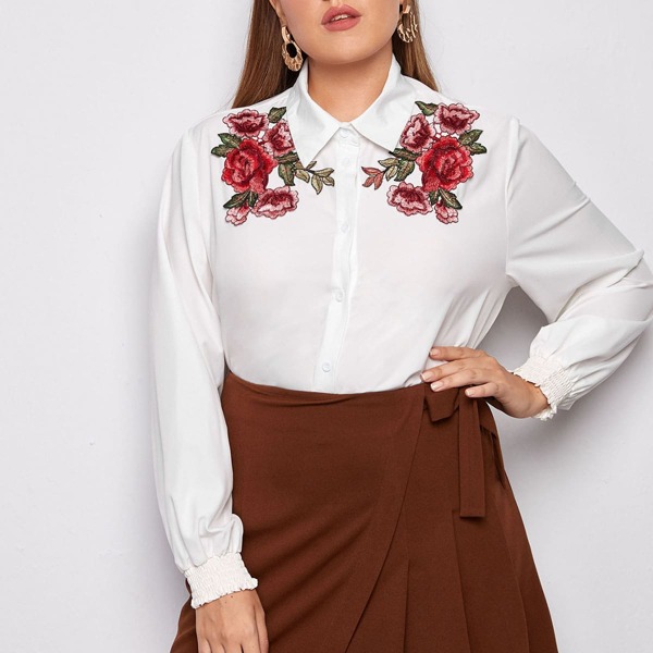 

Plus Floral Embroidery Bishop Sleeve Blouse, White