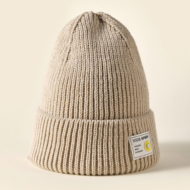 

Flower Design Label Decor Beanie, Apricot