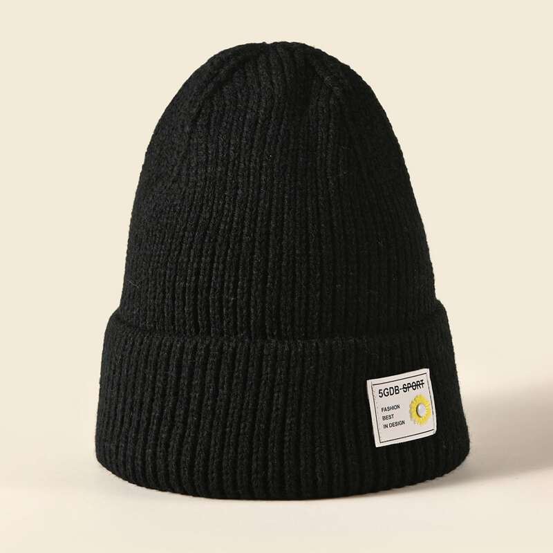 

Flower Design Label Decor Beanie, Black