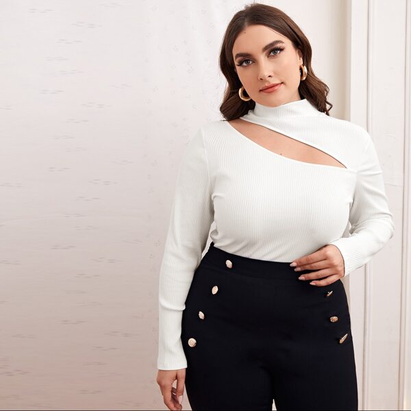 

Plus Asymmetrical Neck Rib-knit Tee, White