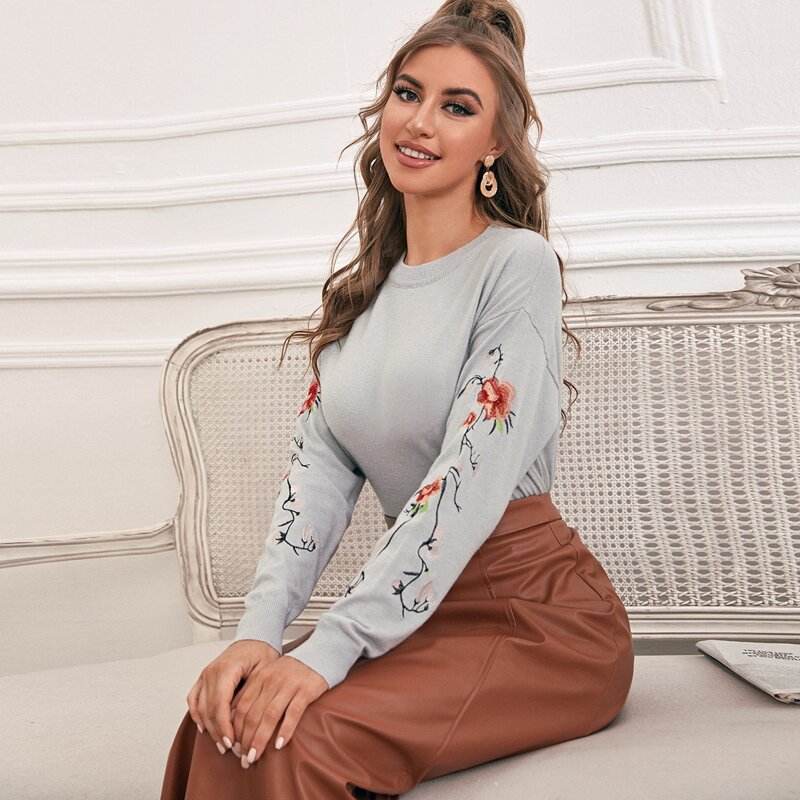 

Floral Embroidered Sleeve Sweater, Light grey
