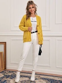 SHEIN Chaqueta jersey tejida de cable con botón con bolsillo delantero - Amarillo - Ver 4