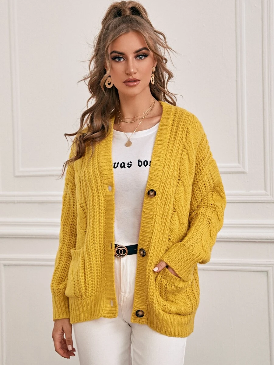 SHEIN Chaqueta jersey tejida de cable con botón con bolsillo delantero - Amarillo - Ver 1