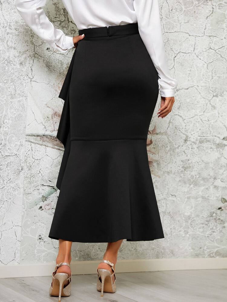 Ruffle Trim Rhinestone Buckle Belted Fishtail Hem Skirt