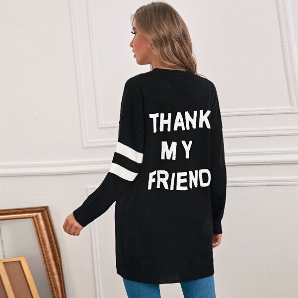 

Striped Sleeve Button Up Slogan Cardigan, Black