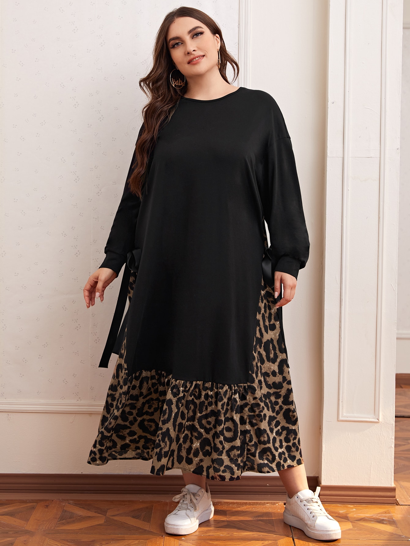 Plus Ribbon Tie Side Leopard Panel 2 In 1 Dress thumbnail