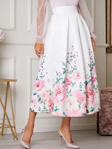 SHEIN Belle Boxy Pleated Floral Jacquard Skirt - White - View 3