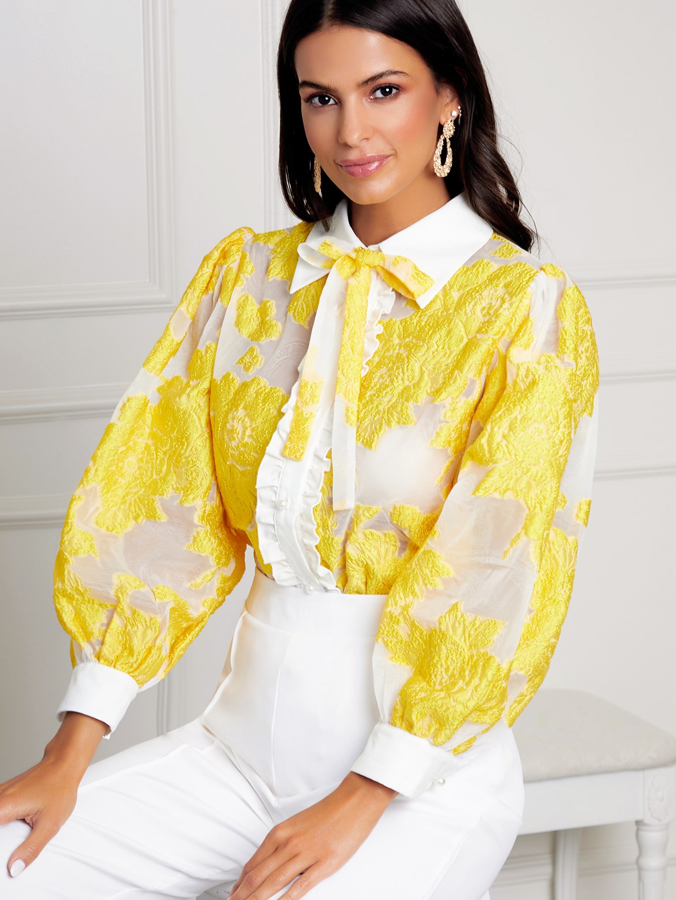 Tie Front Frill Trim Floral Jacquard Organza Blouse thumbnail