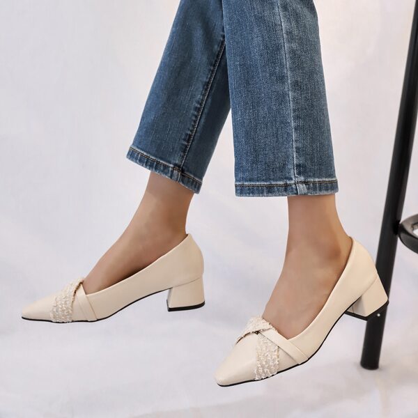 

Square Toe Slip On Chunky Pumps, Beige