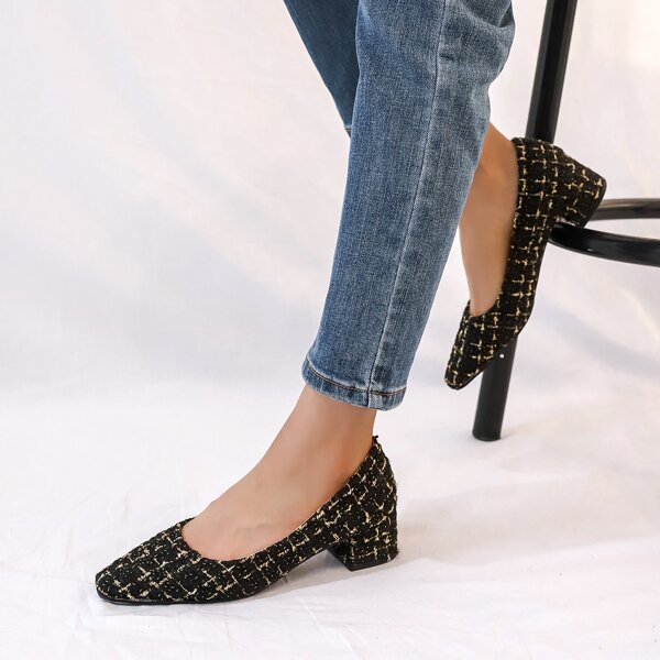 

Tweed Chunky Court Heels, Black