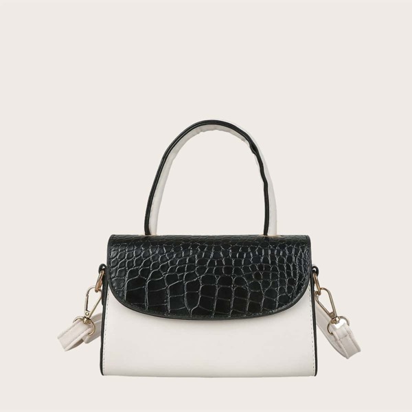 

Girls Two Tone Croc Embossed Satchel Bag, Black and white