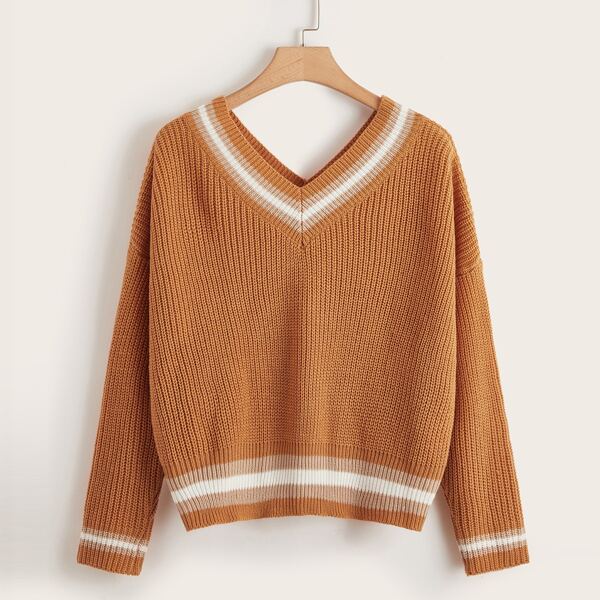 

Plus Drop Shoulder Stripe Trim Sweater, Brown