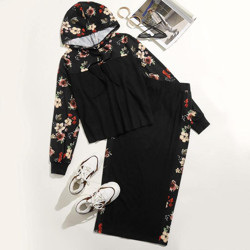 

Floral Print Hoodie and Skirt Set, Black
