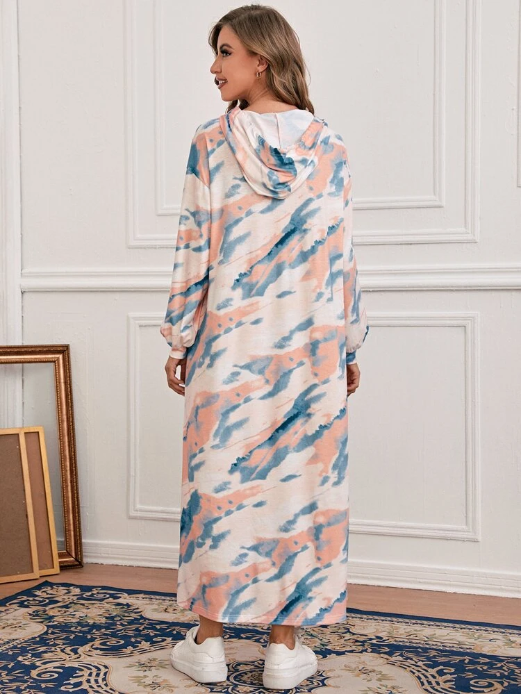 Tie Dye Drop Shoulder Lantern Sleeve Hooded Dress