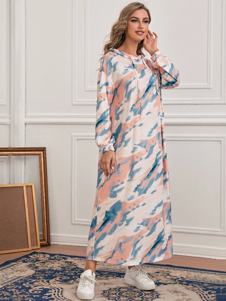 Tie Dye Drop Shoulder Lantern Sleeve Hooded Dress