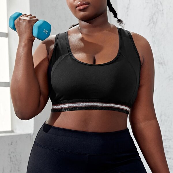 

Plus Striped Hem Backless Sports Bra, Black