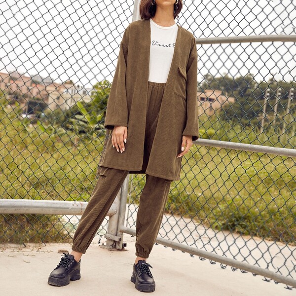 

Flap Pocket Front Drop Shoulder Coat and Pants Set, Mocha brown