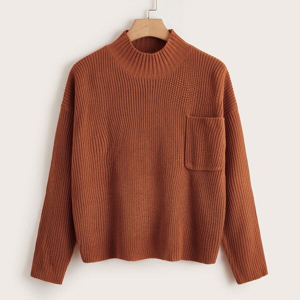 

Plus Drop Shoulder Pocket Front Sweater, Rust brown