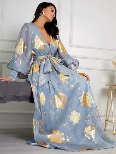 Plunging Neck Lantern Sleeve Gold Floral Organza Dress - It's Wedding Season!