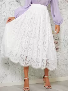 SHEIN Elastic Waist Lace Skirt - White - View 1