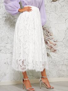 SHEIN Elastic Waist Lace Skirt - White - View 3