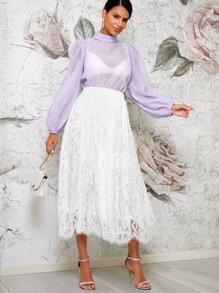 SHEIN Elastic Waist Lace Skirt - White - View 5