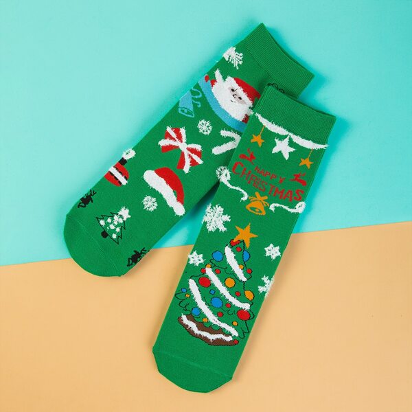 

2pairs Christmas Cartoon Graphic Socks, Green