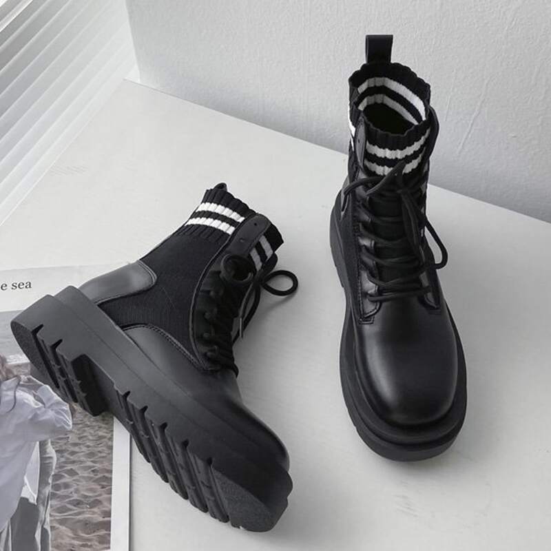 

Striped Lace-up Combat Boots, Black
