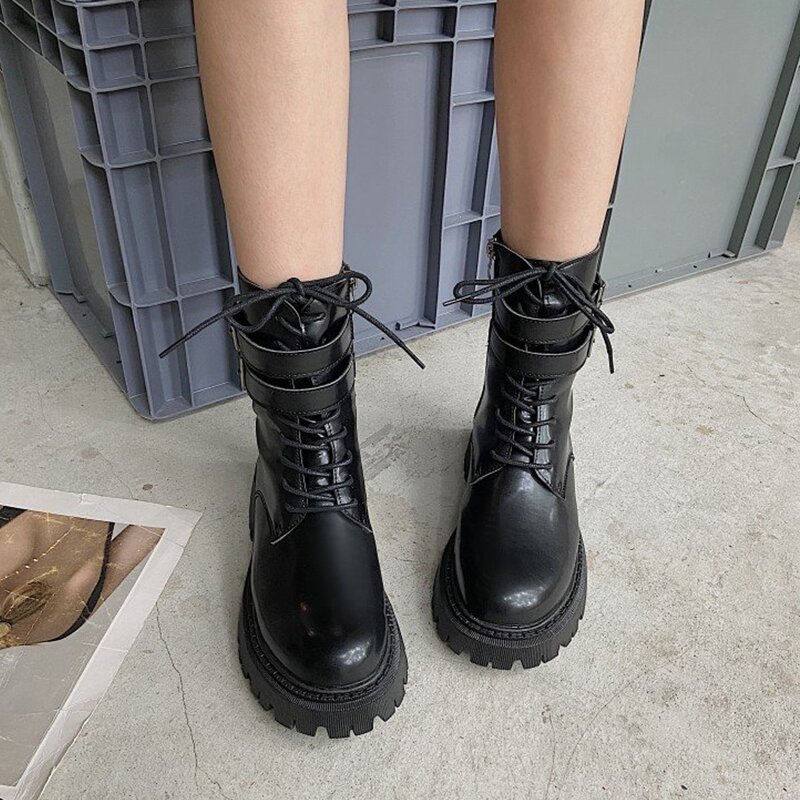 

Buckle Lace-up Lug Sole Combat Boots, Black