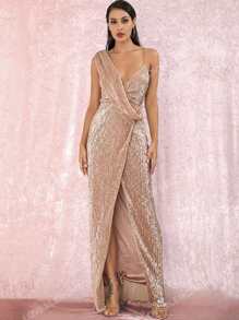 LOVE&LEMONADE Robe longue à sequins fendue dos-nu avec nœud