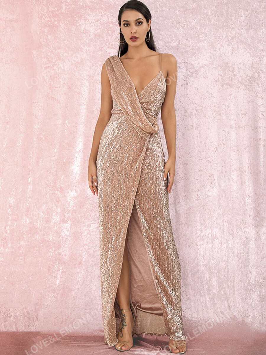 LOVE&LEMONADE Robe longue à sequins fendue dos-nu avec nœud