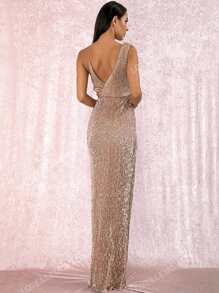 LOVE&LEMONADE Robe longue à sequins fendue dos-nu avec nœud