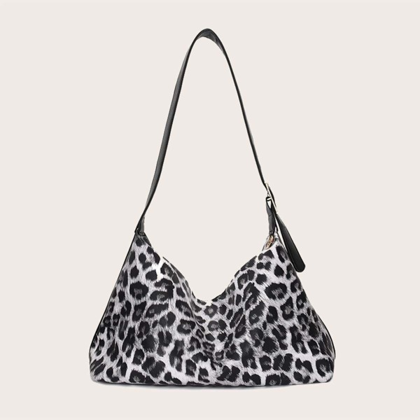 

Leopard Hobo Bag, Black and white