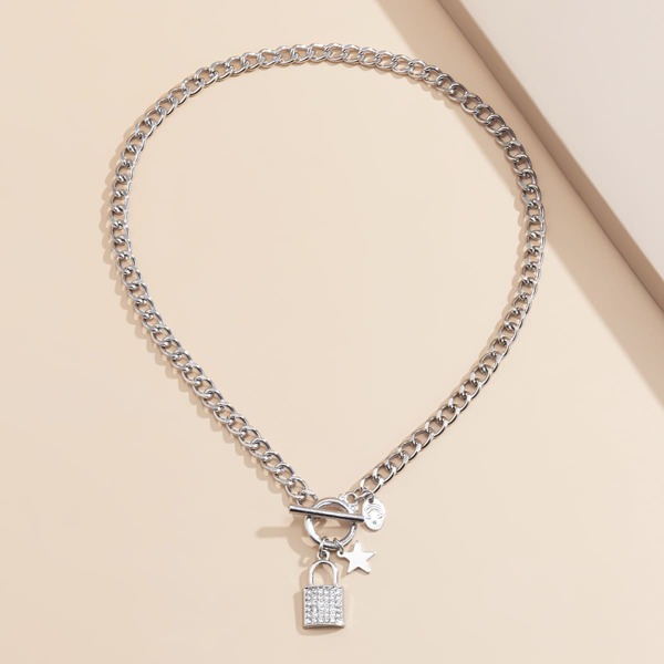 

Rhinestone Lock Pendant Necklace, Silver